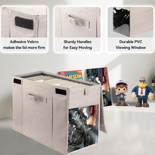 Image of 2 Pack Comic Book Storage Box with Lid for Modern Age, Collapsible Magazine Organizer with Clear Window, Beige