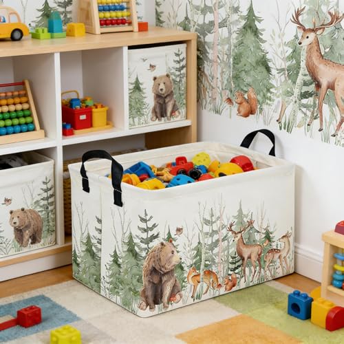 Image of Rectangular Storage Basket,Kids Basket Animal Baskets Cute Storage Bins,Waterproof Collapsible Clothes Kids Storage Basket,Gift Basket,Animals Room Decor(Woodland Animal)