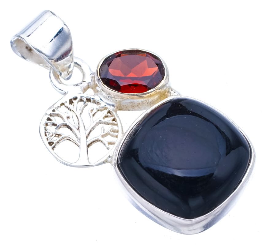 Pendentif onyx noir grenat arbre de vie argent 925 fait main F4415
