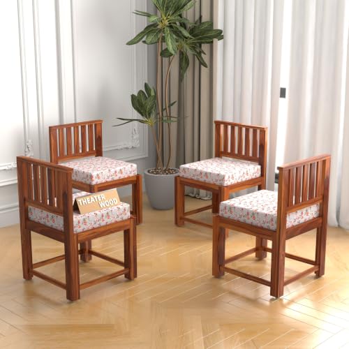 Image of Solid Sheesham Wood Dining Chair Set of 4 | Wooden Arm Chairs with Cushion | Living Room Chair | Dining Table Chair | Modern Wooden Furniture