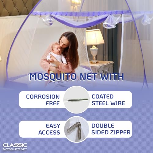 Image of Classic Mosquito Net Premium for King Size Bed | 30 GSM Polyester Fine Mesh | Foldable Pop Up Machardani for Double Bed | 360 Mosquito & Insect Protection | Washable & Reusable | Purple