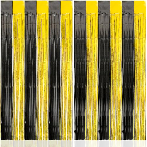 Image of 2 Pack Fringe Curtains Backdrops, Foil Fringe Curtains, Door Streamers for Birthday Wedding Bridal Shower Holiday Graduation Party Decorations Black Gold