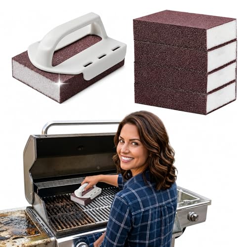 Magic Cleaning Sponge Carborundum Emery Sponge Scrubber for Heavy-Duty Cleaning Rust Remover & Descaling Eraser Carbide Cleaning Pads for Stainless Steel Pans BBQ Grill Stove (1 Handle+5 Sponge)