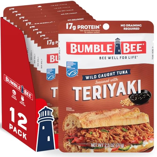 Bumble Bee Teriyaki Seasoned Tuna Pouch - Ready to Eat, Wild Caught Fish for Snack, Salad, Korean Tuna Bowl - 17g Protein per Serving - PERFECT, PORTABLE, GOODNESS - 2.5 oz Packet (Pack of 12)
