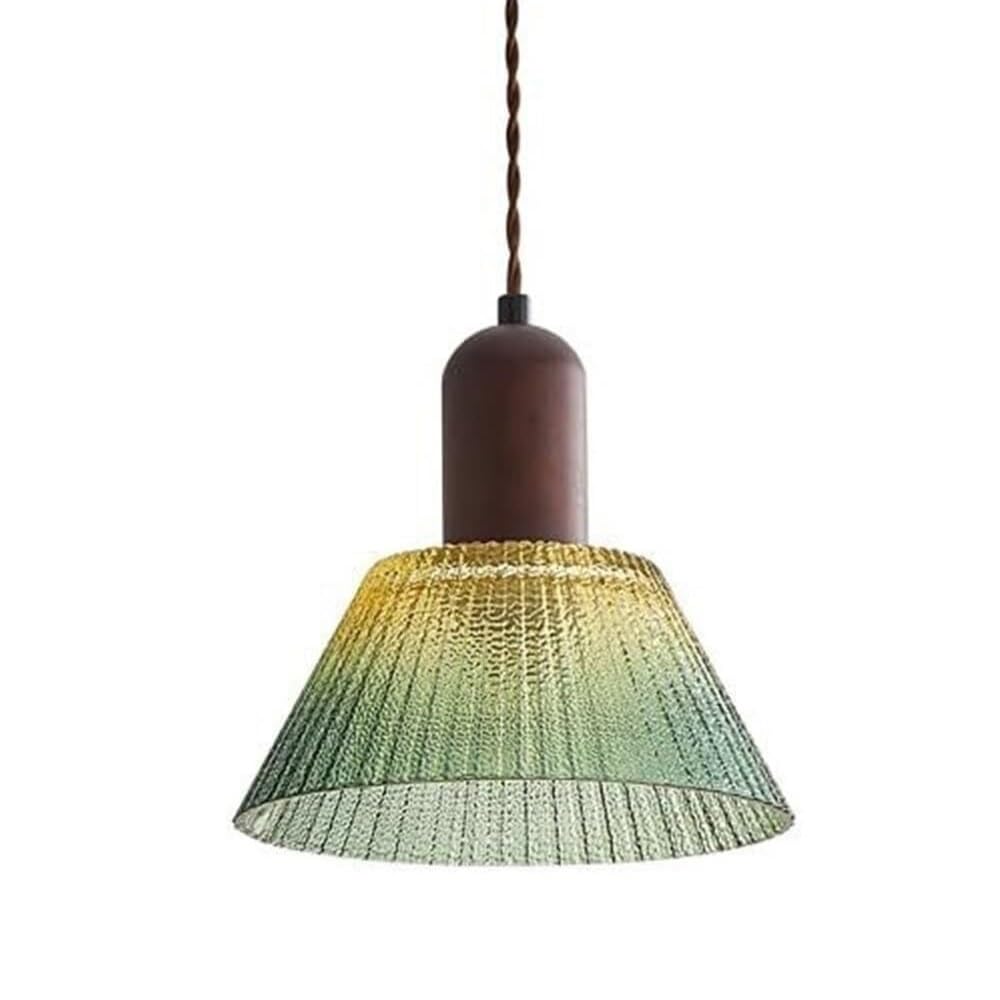 ITOSUI Mid Century Modern Pendant Light Gradient Yellow Green Ribbed Glass Shade Pendant Lamp Solid Wood Socket Hanging Ceiling Fixture for Kitchen Island Study Bedside 59.1" Cord E26