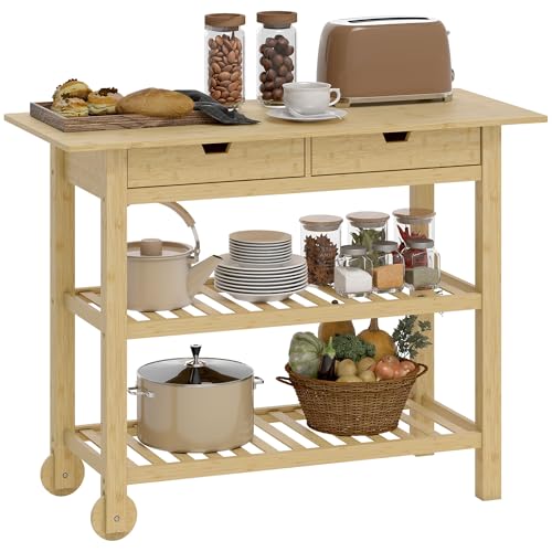 HOMCOM Carrello Cucina in Bambù con 2 Rotelle e 2 Gambe,...