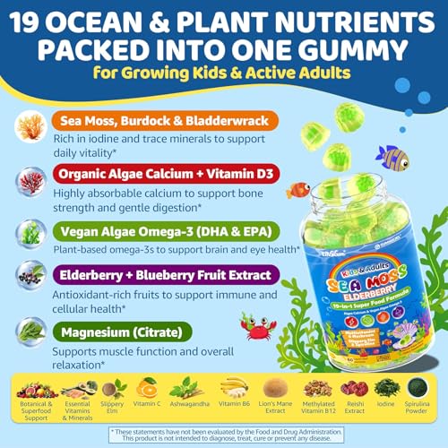 Image of Sea Moss + Elderberry Gummies for Kids & Adults, 19-IN-1 Super Food with Spirulina, Algae Omega 3, Algae Calcium, Ashwagandha, Mushroom, Vitamins D3, C for Immune, Gut, Bone, Energy, Brain,Vegan 60Cts
