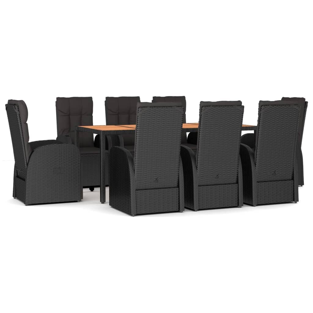 Juego de 9 muebles de jardín con cojín negro, ratán sintético resistente a la intemperie, modular para exteriores con función reclinable y cojines gruesos acolchados