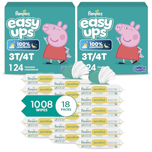 Pampers Easy Ups Pull On Training Underwear Girls, 3T-4T, 2 Month Supply (2 x 124 Count) with Sensitive Water Based Baby Wipes 12X Multi Pack Pop-Top and Refill (1008 Count) - image 1