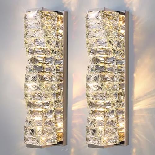 Image of LED Crystal Wall Sconce Silver Crystal Bathroom Vanity Light Fixtures with 3 Color Temperature, Indoor Dimmable Wall Mount Light for Bedroom Living Room,Set of 2