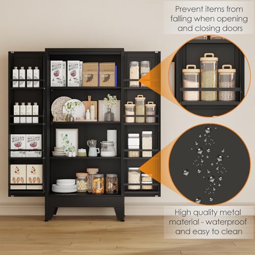 Image of PAOFIN 47 inch Kitchen Pantry Cabinet, Metal Storage Cabinet with 3 Adjustable Layer Shelves, 8 Door Shelves, Buffet Sideboard for Living Room, Kitchen, Black
