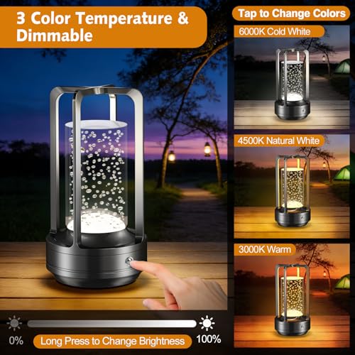 Image of Portable Table Lamp for Outdoor Indoor: Cordless Rechargeable Desk Lamp with 3 Color Stepless Dimmable - Metal Battery Operated Lantern Light for Bedroom /Bar /Coffee Shop /Camping (Black (Bubble))