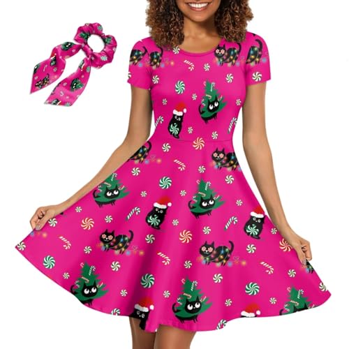 HUGS IDEA Christmas Cats Short Sleeve Dress for Women Trendy