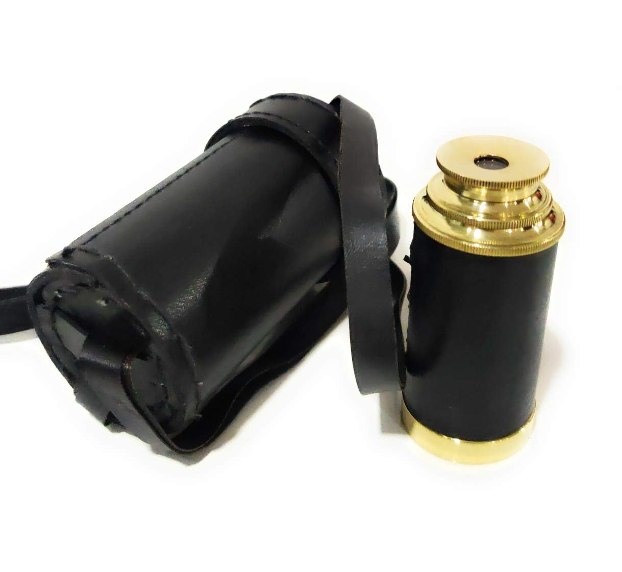 Brass Handheld Telescope, Functional Vintage Replica Telescope, Pirate Navigation with (Black Leather), Handcrafted Portable Collapsible Marine Spyglass Collectible Décor, 6”
