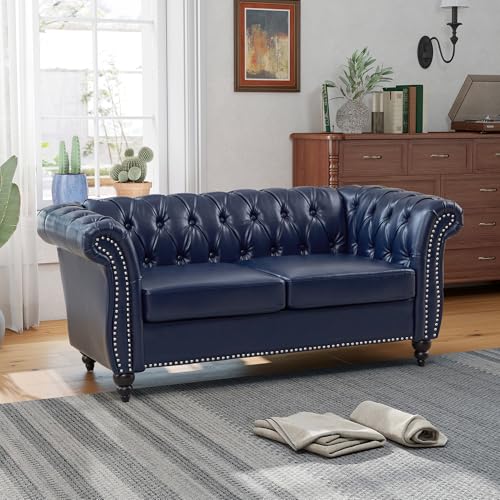 Image of QHITTY Accent Sofa, Chesterfield Loveseat Modern Leather Couch Upholstered Sofa with Tufted Back for Living Room Furniture (Blue)