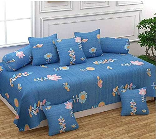 BREVARD 210 TC Glace Cotton 8 Pieces Diwan Set Including 1 Bedsheet, 5 Cushion Covers & 2 Bolster Covers (Blue Floral)-picture-16