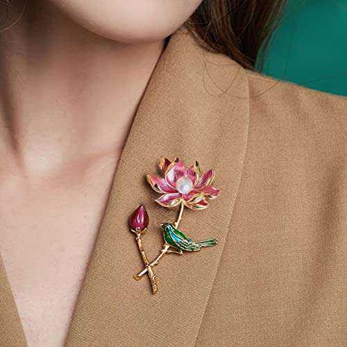 Enamel Lotus Flower Bird Brooch Pin For Women Girls Vintage Pink Plant Shell Pearl Brooches Lapel Pins Elegant Oriental Traditional Dress Culture Accessories Christmas New Year's Party Jewelry Daity Gift #TOP1