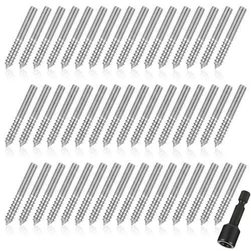 Image of Hicarer 50 Pack 1 /4-20 x 1-1 /2 Inch Hanger Bolts Double Headed Bolts with Driver Self Tapping Screw Threaded Rod Screws for Furniture Double Headed for Wood Furniture Joint, Silver