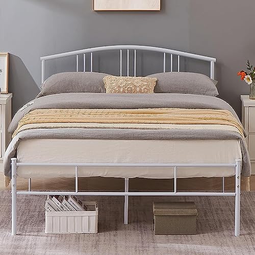 Vecelo 14 Inch Queen Bed Frame White Beds Metal Platform Mattress Foundation With Headboard Footboard Steel Slat Support/No Box Spring Needed/Easy Assembly #TOP17