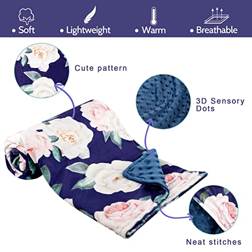 Hooyax Baby Blanket For Girls, Super Soft Floral Minky Blanket With Navy Blue Dotted Backing For Nursery Toddler Bed Crib Receiving Blanket, 30 X 40 Inches, Flower #TOP1