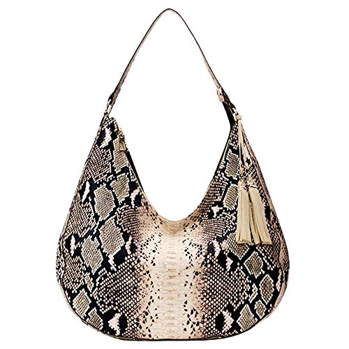 CLARA Snakeskin Hobo Handbag PU Leather Top Handle Bag Tassel Shoulder Bag Satchel Travel Tote Purse Khaki