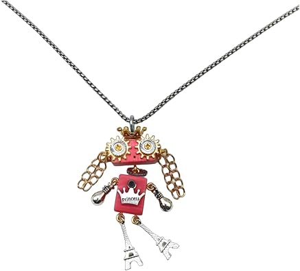 DEUXPER Steampunk Robot Pendant Necklace for Men Women, Unisex Unique Charms Jewelry Design of Pure Handmade With Wood and Metal Chain, Creative Birthday Gift