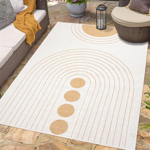 carpet city Outdoor Teppich Wetterfest 160x230 cm - Creme-Gelb - Wendeteppich, Beidseitiges Kreisförmiges Muster - Balkonteppich Wasserfest Outdoor - Terrassenteppich