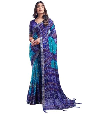 SIRIL Women's Chiffon Bandhani Printed Saree With Unstitched Blouse Piece (3728S2622_Blue)