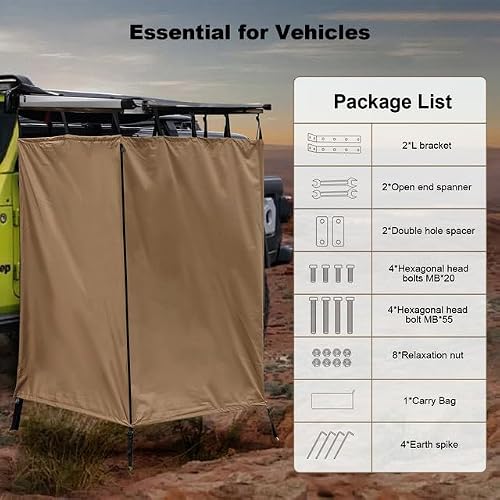 Awning Shower Tent Car Outdoor Portable Camping Shower Tent Car Side Shower Room Privacy Shelter Restroom Vehicle Side Shower Bathroom for RV, Van, Truck, Waterproof, Light Brown