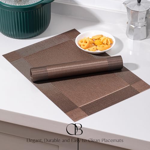 Image of Placemats Set of 4 - Easy Clean Woven Vinyl Placemats for Dining Table, Indoor /Outdoor Place Mats, Washable PVC Table Mats(Brown Cube)
