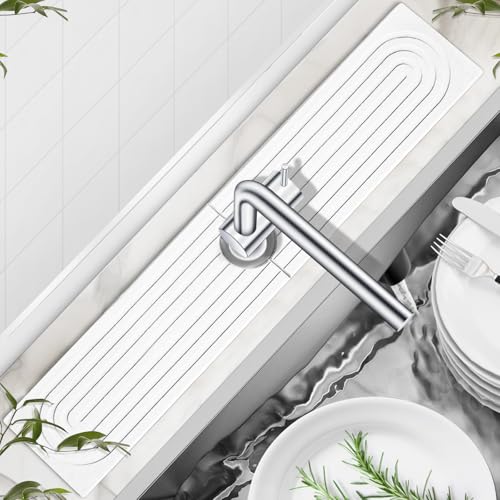 Stone Drying Mat for Kitchen Faucet: Diatomite Stone Drying Tray - Fast Water Absorbent Kitchen Sink Splash Guard for Bathroom Faucet & Counter - Ideal for Moms & Housewife (White, 23.6