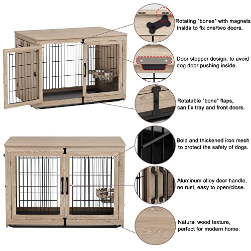 Piskyet Wooden Dog Crate Furniture With 360° Rotatable Removable Dog Bowls, Large Dog Crate End Table With Tray, Dog Kennels Indoor For Medium Dogs - Texture Grey, 43 Inch #TOP2