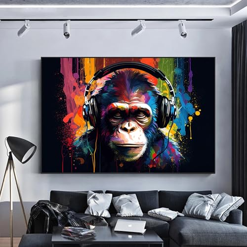 Chimpanzé avec casque audio toile street art pour chambre ado et bureau