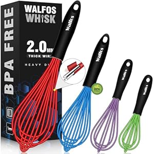 Walfos Whisk, Silicone Whisk Heat Resistant (480°F) Kitchen Whisks Set of 4- Professional Whisks For Cooking Non Scratch, Balloon Egg Wisk Perfect for Frothing, Blending, Beating