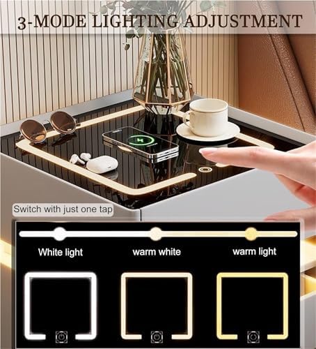 Smart Bedroom Nightstand with Charging Station & Fingerprint Lock, Modern 3-Drawer Side Table with LED Light for Bedroom & Living Room, Black (40cm/15.7in)