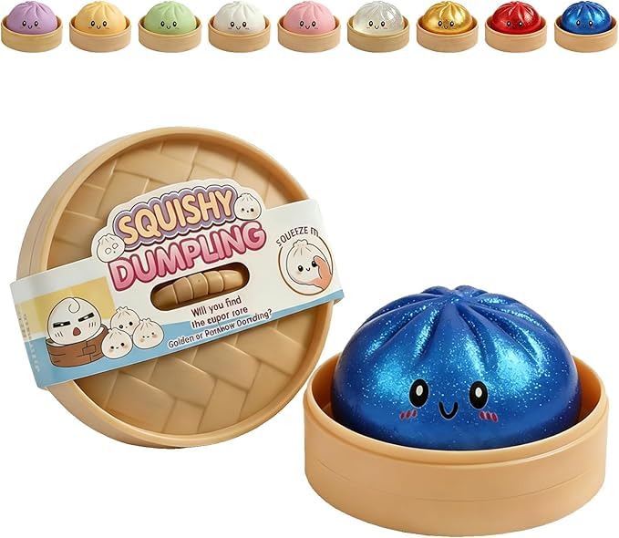 Dumplings Squishy Gigante 7x10cm con Glitter Antiestrés, Juguete Sensorial Suave para Oficina/Escuela, Sorpresa Dumpling Original para Adolescentes y Adultos. (Azul)