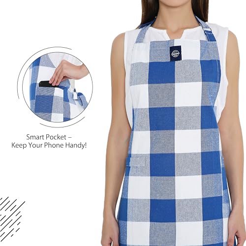 Image of Encasa XO Cotton Cooking kitchen Apron for Women and Men chef apron With adjustable neckstrap, Pocket & Towel Holder for Easy cooking, Baking, BBQ, Gardening- Buffalo Blue Checks, 68x85 cm