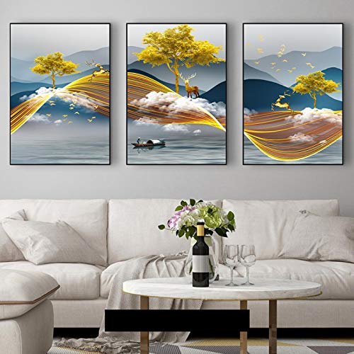 Abstracto Amarillo Paisaje Arte Lienzo Pinturas Río Barco Póster e impresiones Arte de la pared Imágenes para la sala de estar Decoración para el hogar 50x75cm (20x30in) x3 sin marco Cover