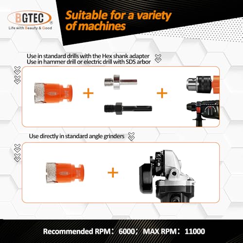 Image of BGTEC Tile Hole Saw Kit Diamond - 11PCS 5 /8-11 Thread Drill Bits 6 /6 /8 /19 /35 /50 /65mm+50mm Beveling Chamfer Bit+20mm Finger Bit+SDS /HEX Adapter for Pocelian Tile Ceramic Marble Granite Stoneware