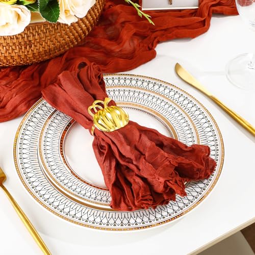 Preboun 26 Pcs Thanksgiving Table Decorations Includes 12 Cheesecloth Napkins 2 Terracotta Table Runner 12 Gold Metal Napkin Rings Bulk Rustic Wedding Thanksgiving Party Decoration Home (Pumpkin)