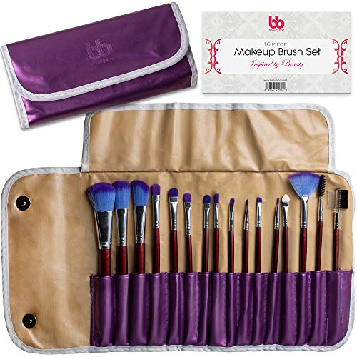 Professional Cosmetic Makeup Brushes Set - Beauty Make Up Face Kit Eyeshadow Foundation Eyeliner Bronzer Concealer Contour Brush for Blending Powder & Cream With Organizer Holder Case 16 Piece Purple