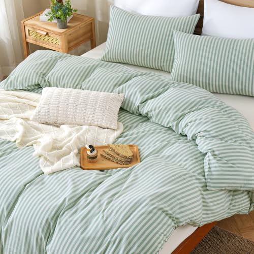 Image of TOCOMOA Sage Green Striped Duvet Cover Set Washed Cotton Like Linen, King | 100% Washed Cotton Linen-Like Feel Soft, Breathable & Comfy. Lightweight Bedding Set with Zipper & 8 Ties. 3 Pcs, No Insert