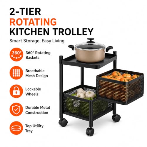 Image of Homeor 2 Layer Kitchen Trolley with Wheels | 360 Rotating Metal Storage Rack for Vegetables, Fruits, Onion & Spices | Square Multipurpose Kitchen Organizer Stand | Metal Kitchen Trolley, Matte Black
