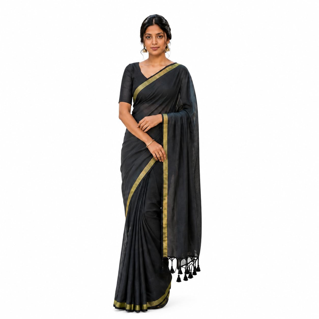 Women's Cotton Blend Saree with Matte Gold Border & Tassels | Soft Lightweight Traditional Ethnic Saree with Running Blouse Piece | Elegant Casual, Office & Festive use-picture-29