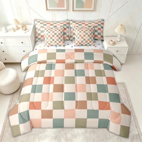 Image of Feelyou Multicolored Checkered Retro 7 Piece Bedding Set Kids Boys Geometric Vintage Comforter Set with Sheets King Size Ivory White Colorful Bed in a Bag Modern Simple Groovy Aesthetic Room Decor
