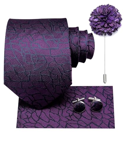 Image of Mens Tie and Lapel Pin Paisley Striped Floral Necktie for Men Pocket Square Cufflinks 4PCS Set Wedding Party