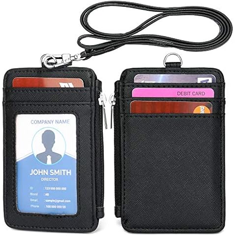 Leamekor ID Badge Holder with Neck Lanyard PU Leather ID Badge Wallet Case with 1 ID Window, 4 Card Slots, 1 Side Zipper Pocket Cover