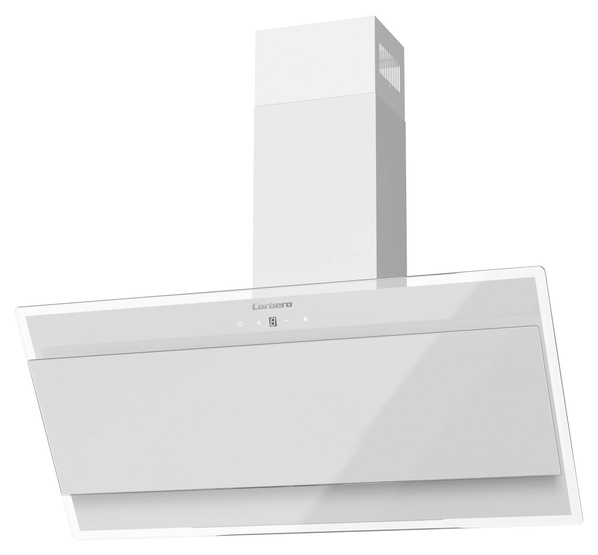 Corbero - Campana Decorativa 90 cm | ONEGA975W | 230W | 3 Velocidades | Control Touch | Caudal 750 m3/h | Vidrio Templado | Filtro Aluminio 3 Capas | Filtro Carbón Blanco | Cristal Blanco