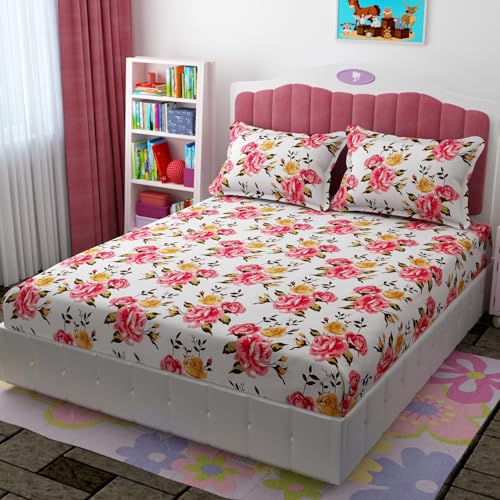 Image of Ezyption Cotton Super Soft 240 TC Elastic Fitted All Around Elastic Printed King Size Double Bed Bedsheet with 2 Pillow Cover 72 inch X 78 inch Pink White