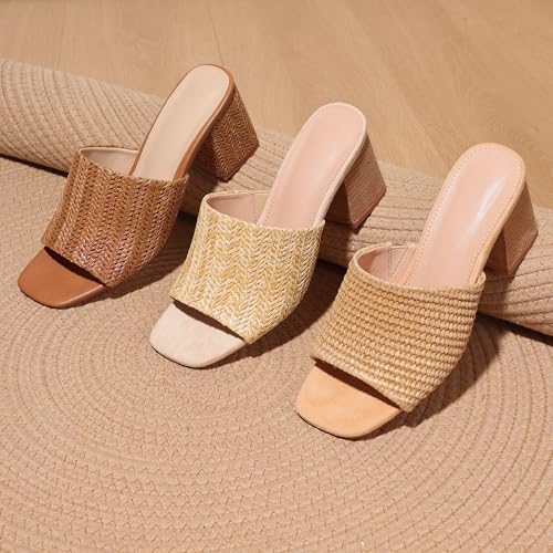 Image of Ancomafio Heeled Sandals for Women，Raffia Sandals 2026 Chunky Heels Square Toe Mules Block Summer Shoes Slip On